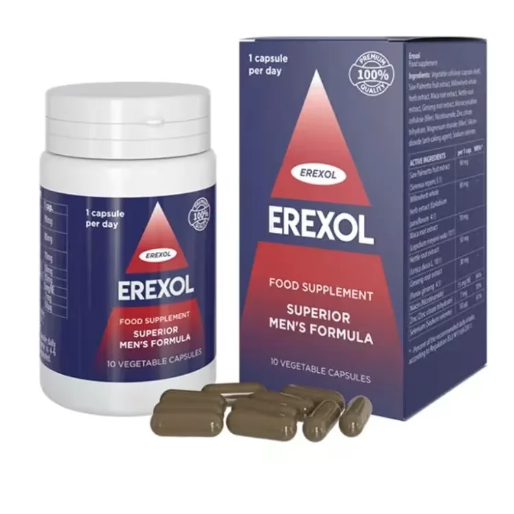 Frasco y caja de Erexol, suplemento natural para mejorar la potencia y la energía masculina